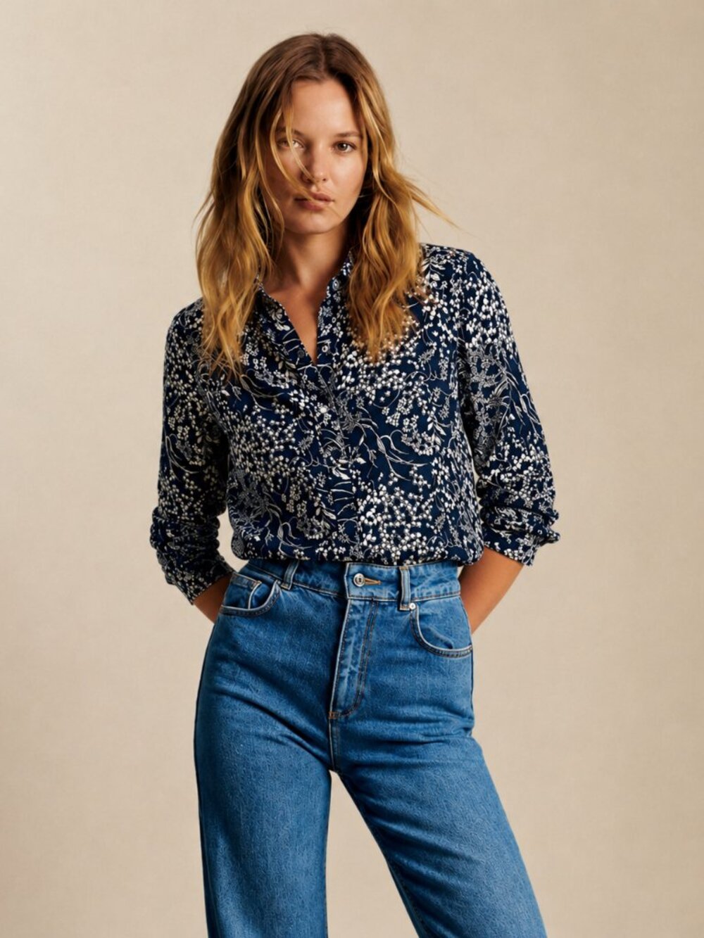 ba&sh Navy Floral Button-Up Blouse | French Parisian Shirt | Size 1 (S)